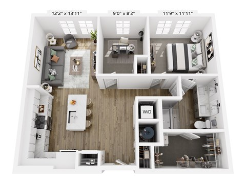 Floor plan for 1 bed, 1 bath, 907 sqft